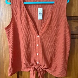 LOFT Women's Rust-Orange Textured Tie-Front Sleeveless Top